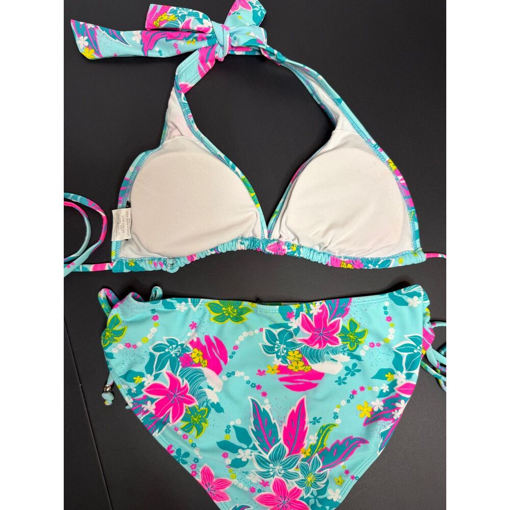Ingear Women's Size M Aqua Floral Halter Two-Piece Bikini Set Tie Side Swimwear - Picture 4 of 7